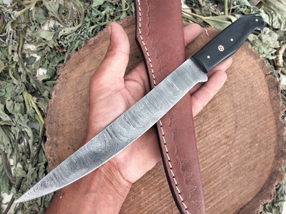 Custom Handmade Damascus Fillet Knife Resin Handle Fillet Knife with Leather Sheath