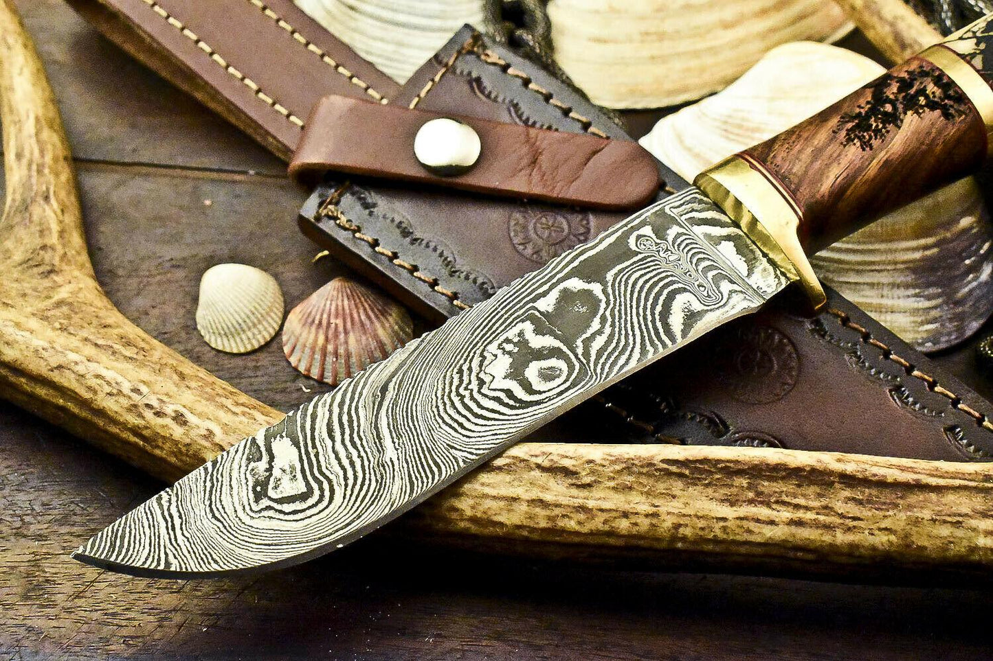 11" Laser Etched Damascus Bowie Knife | Camel Bone Handle + Sheath