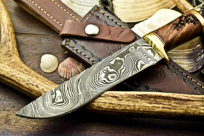 11" Laser Etched Damascus Bowie Knife | Camel Bone Handle + Sheath