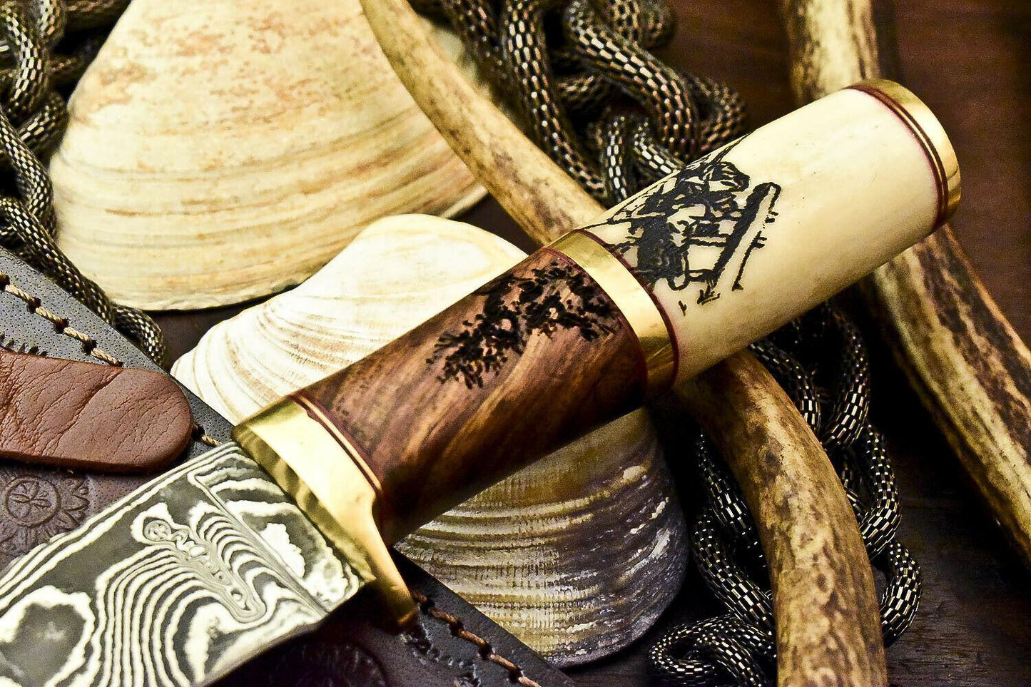 11" Laser Etched Damascus Bowie Knife | Camel Bone Handle + Sheath