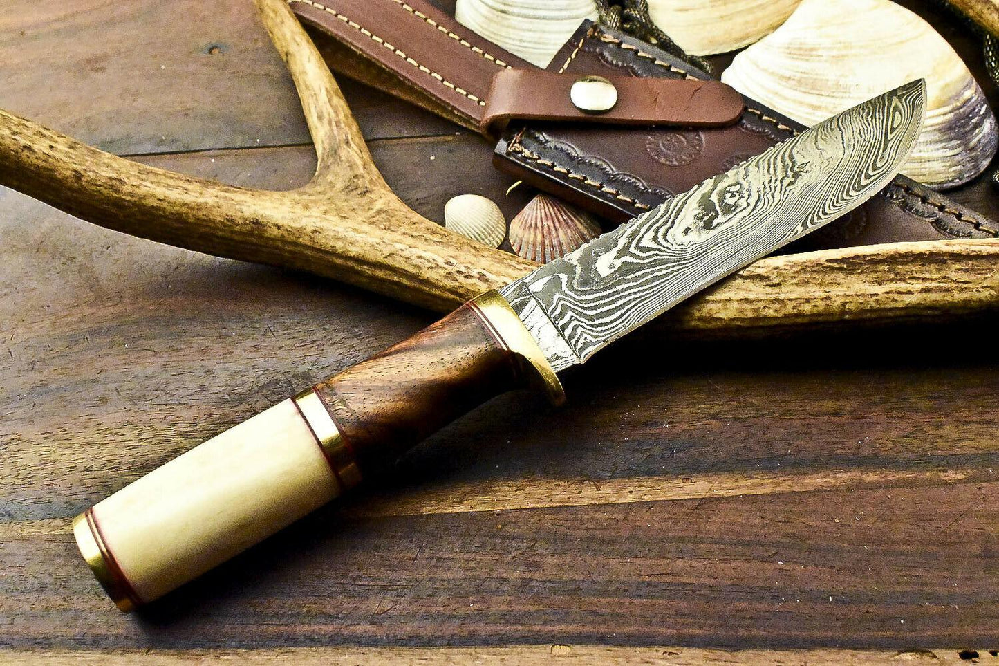 11" Laser Etched Damascus Bowie Knife | Camel Bone Handle + Sheath