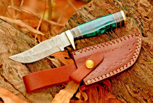 Handmade Damascus Steel Bowie Knife – Resin & Brass Guard Handle, 8" Blade