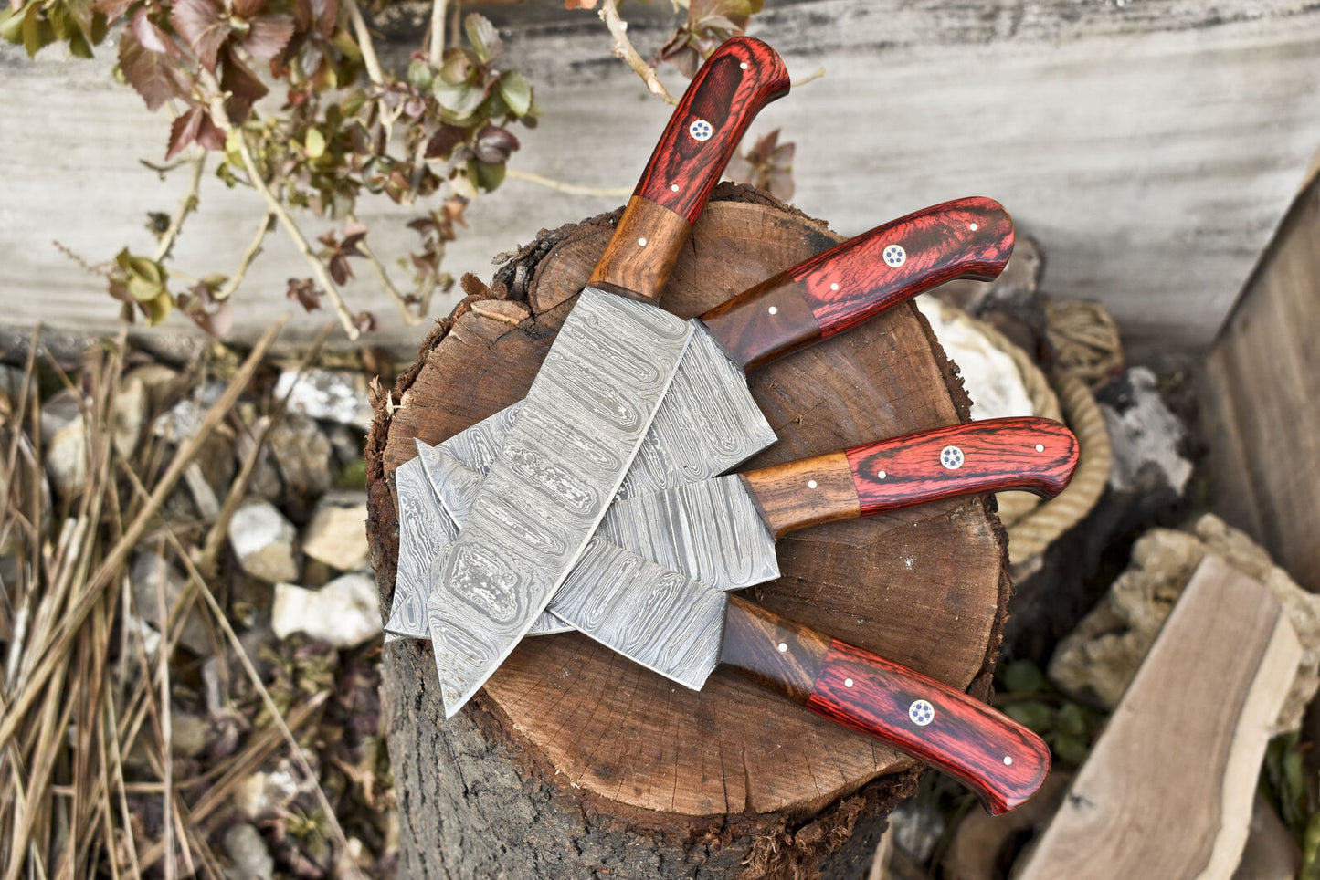 Lot of 4 Handmade Damascus Chef Knives – 12" Hand Forged Kitchen Knife with Hardwood Handle & Leather Sheath