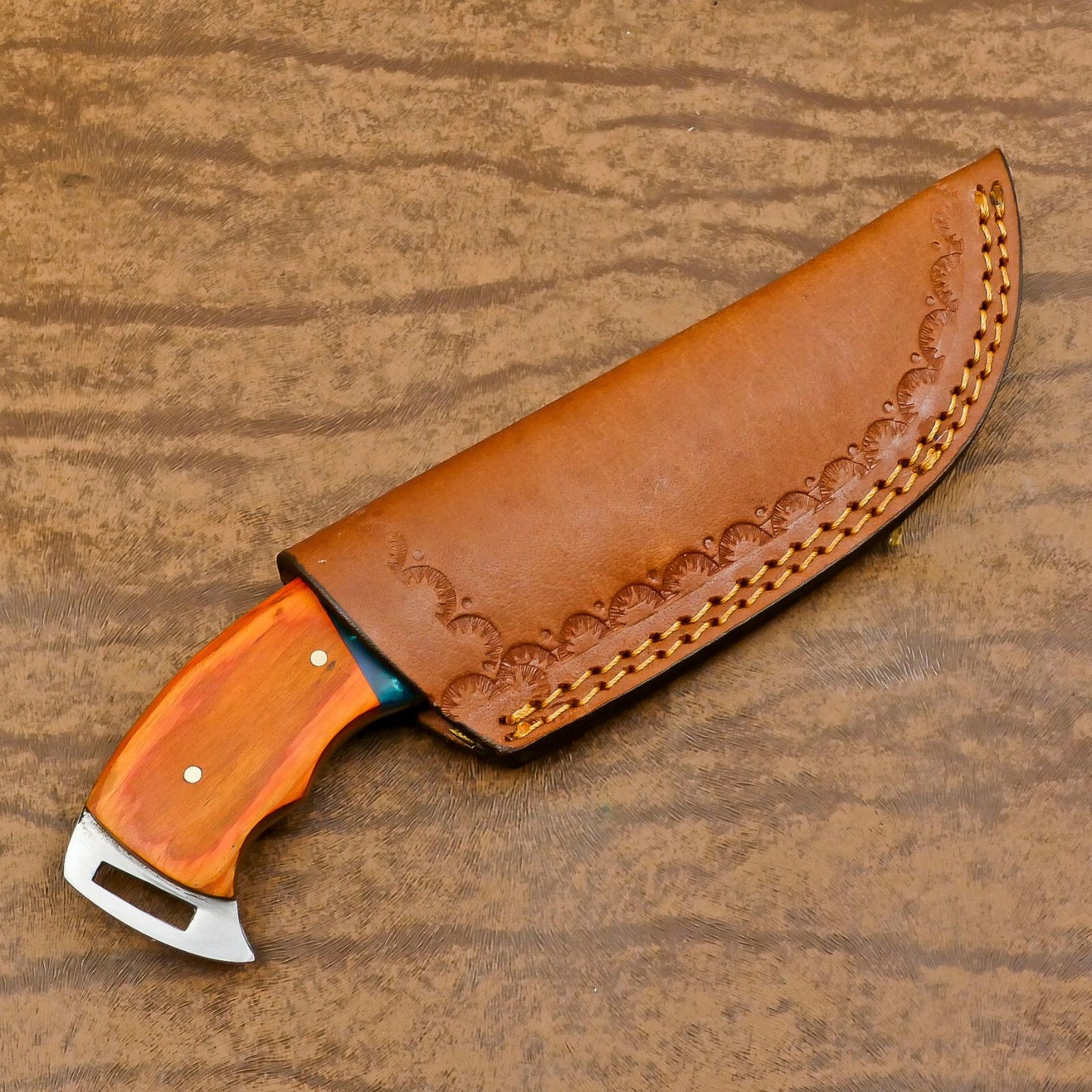 Heritage Forge Handmade Damascus Skinner Hunting Knife with Resin and Wood Handle – Custom Fixed Blade Knife