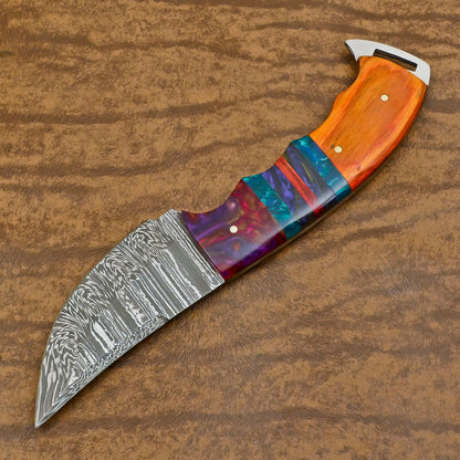 Heritage Forge Handmade Damascus Skinner Hunting Knife with Resin and Wood Handle – Custom Fixed Blade Knife