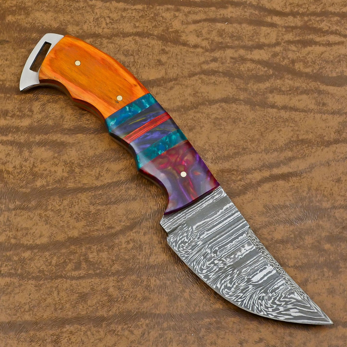 Heritage Forge Handmade Damascus Skinner Hunting Knife with Resin and Wood Handle – Custom Fixed Blade Knife