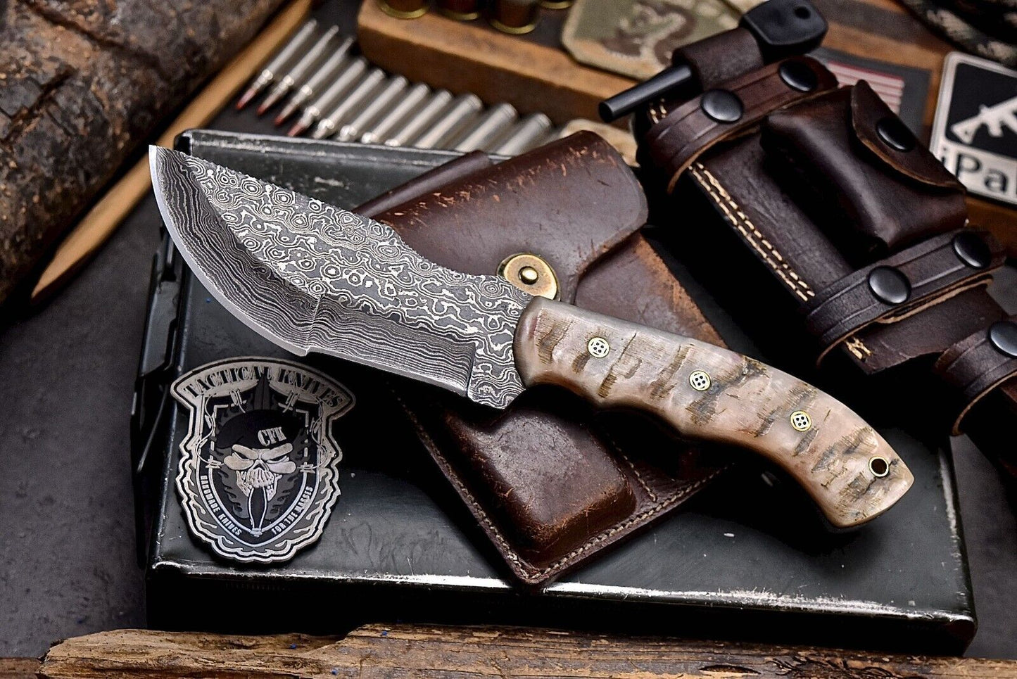 Handmade Damascus Steel Tracker Chopper Knife – Sheep Horn Handle, Survival Hunting Knife with Sheath, Fire Starter & Whetstone