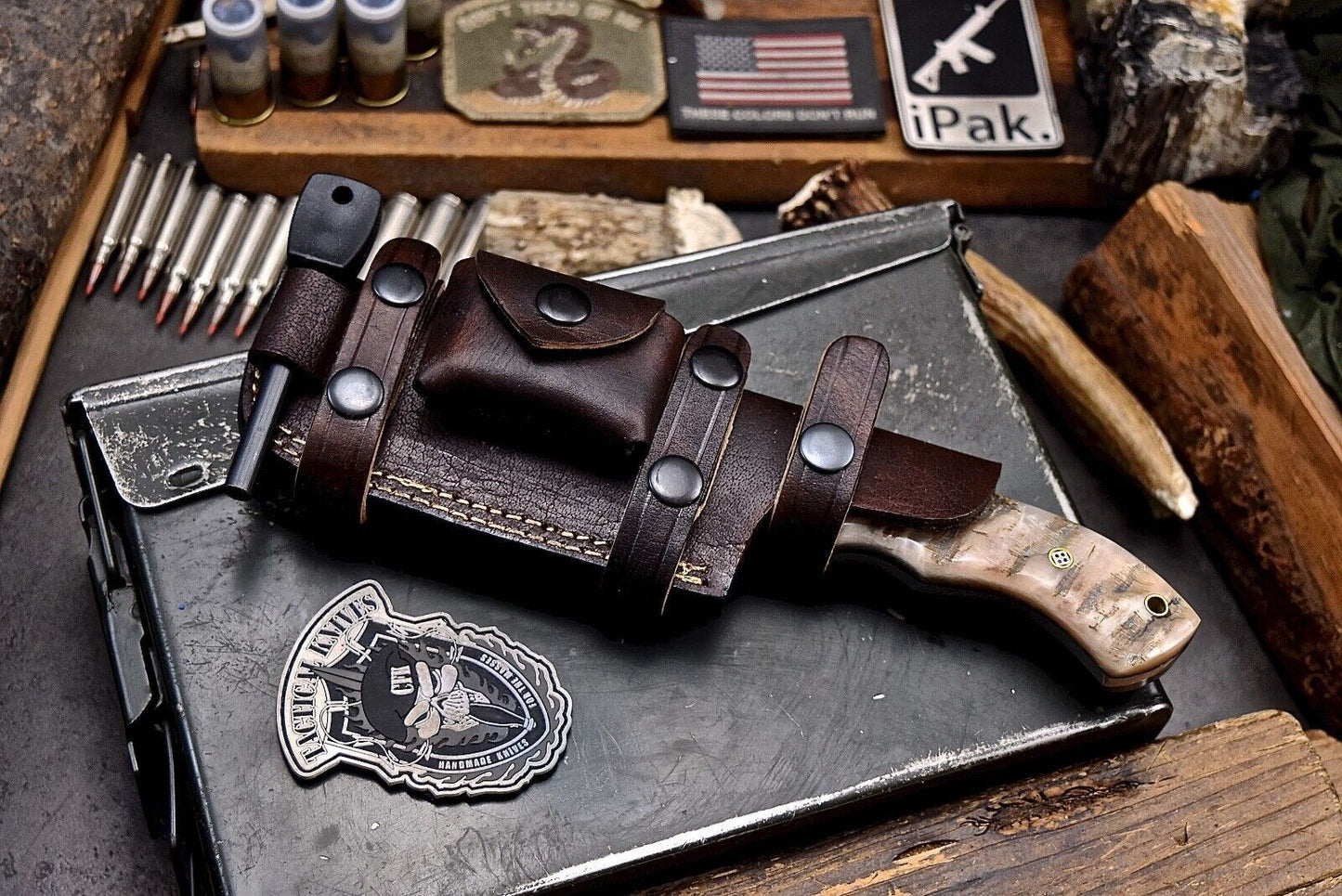 Handmade Damascus Steel Tracker Chopper Knife – Sheep Horn Handle, Survival Hunting Knife with Sheath, Fire Starter & Whetstone