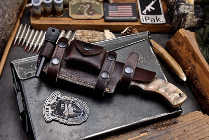 Handmade Damascus Steel Tracker Chopper Knife – Sheep Horn Handle, Survival Hunting Knife with Sheath, Fire Starter & Whetstone