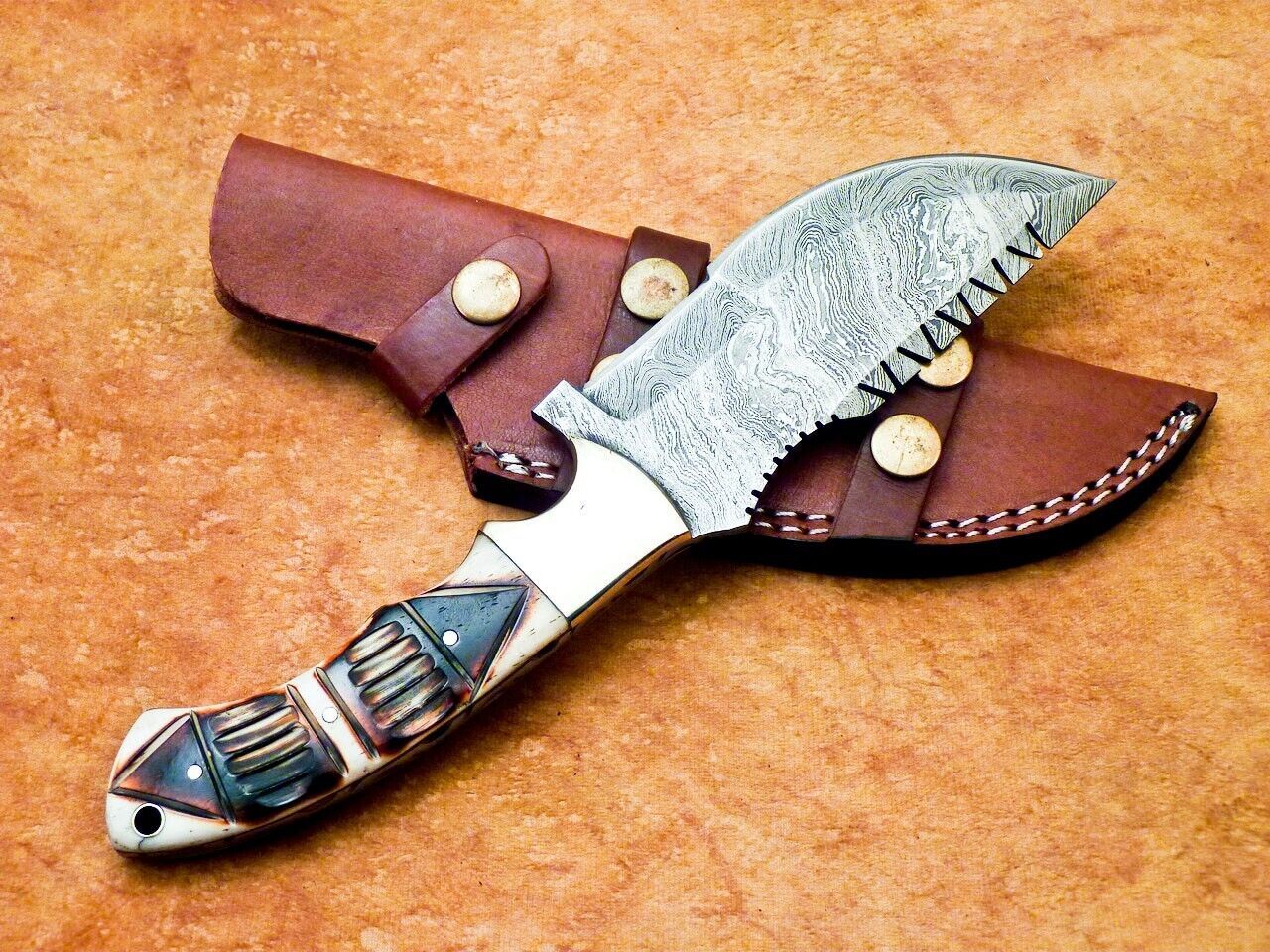 10 Inch Full Tang Damascus Bowie Knife with Engraved Camel Bone Handle