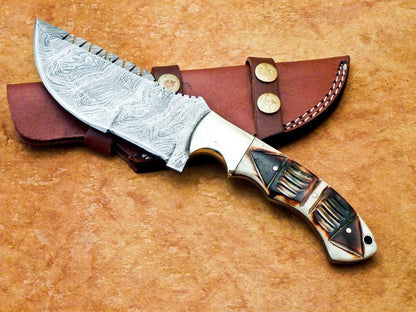 10 Inch Full Tang Damascus Bowie Knife with Engraved Camel Bone Handle