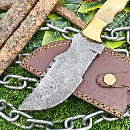 Custom Handmade Damascus Full Tang Hunting Tracker Knife with Leather Sheath – Camel Bone Handle EDC