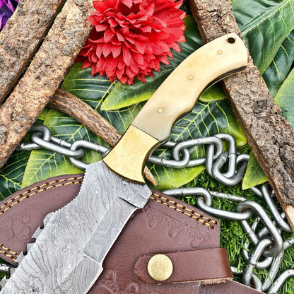 Custom Handmade Damascus Full Tang Hunting Tracker Knife with Leather Sheath – Camel Bone Handle EDC