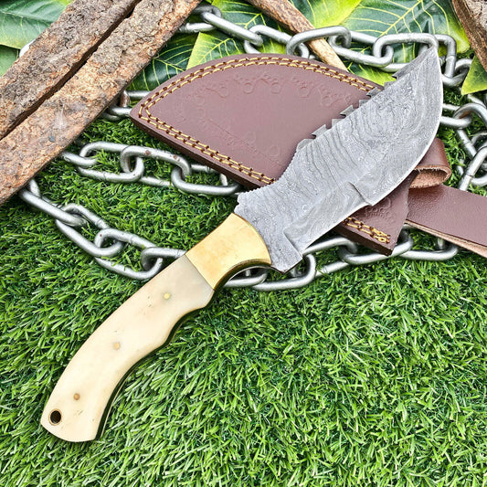 Custom Handmade Damascus Full Tang Hunting Tracker Knife with Leather Sheath – Camel Bone Handle EDC