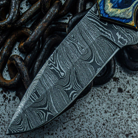 9" Damascus Bowie Knife with Wood Handle – Custom Handmade Tactical Blade