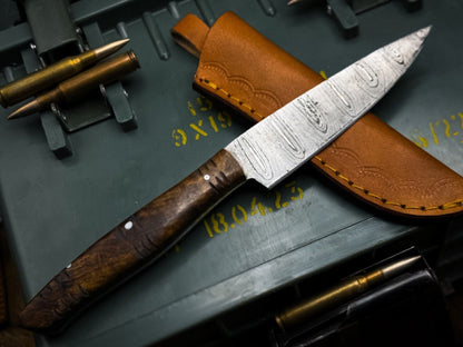 Handmade Damascus Steel Kitchen Chef Cutting Knife – Wood Handle with Leather Sheath