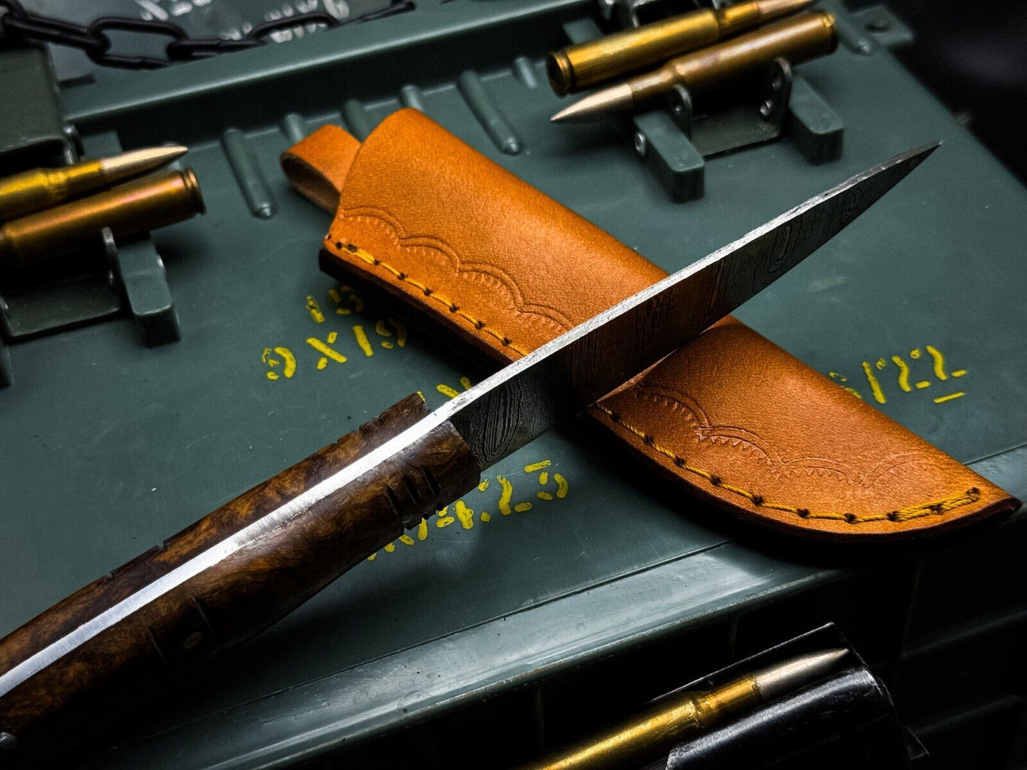 Handmade Damascus Steel Kitchen Chef Cutting Knife – Wood Handle with Leather Sheath