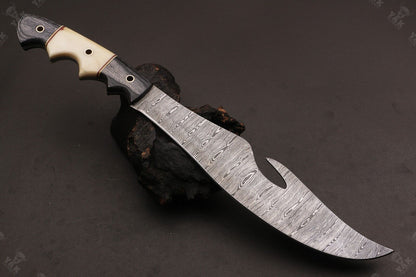 Heritage Forge 14.5 Inch Twist Damascus Bowie Knife with Camel Bone and Wood Handle for Hunting and Camping