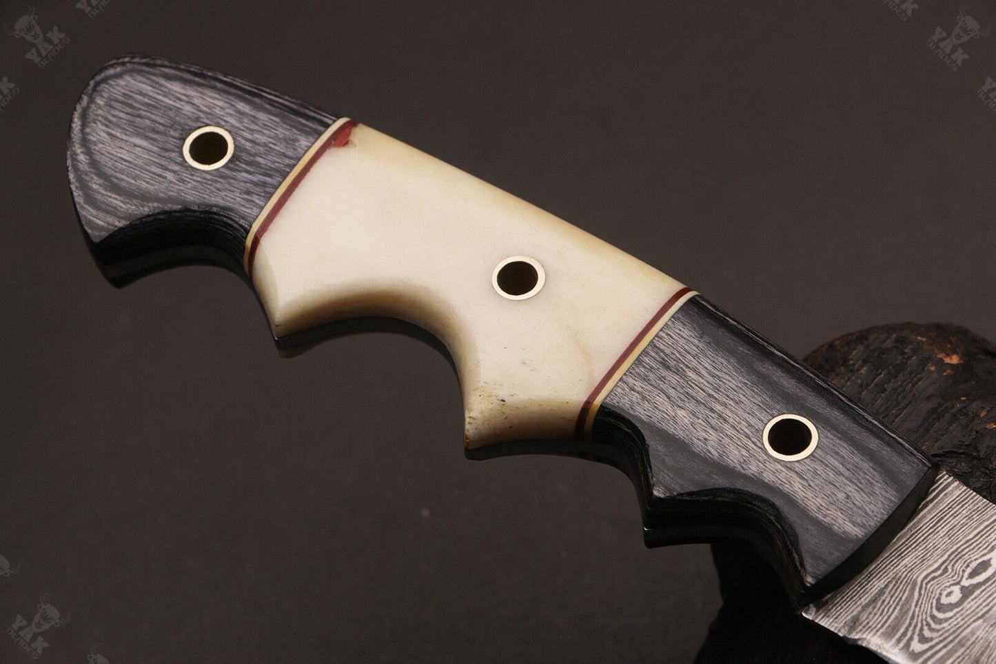 Heritage Forge 14.5 Inch Twist Damascus Bowie Knife with Camel Bone and Wood Handle for Hunting and Camping