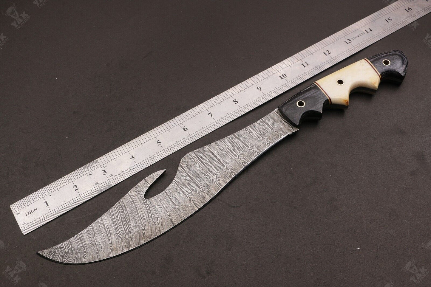 Heritage Forge 14.5 Inch Twist Damascus Bowie Knife with Camel Bone and Wood Handle for Hunting and Camping