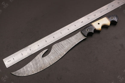 Heritage Forge 14.5 Inch Twist Damascus Bowie Knife with Camel Bone and Wood Handle for Hunting and Camping