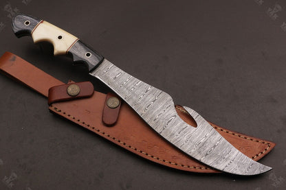 Heritage Forge 14.5 Inch Twist Damascus Bowie Knife with Camel Bone and Wood Handle for Hunting and Camping