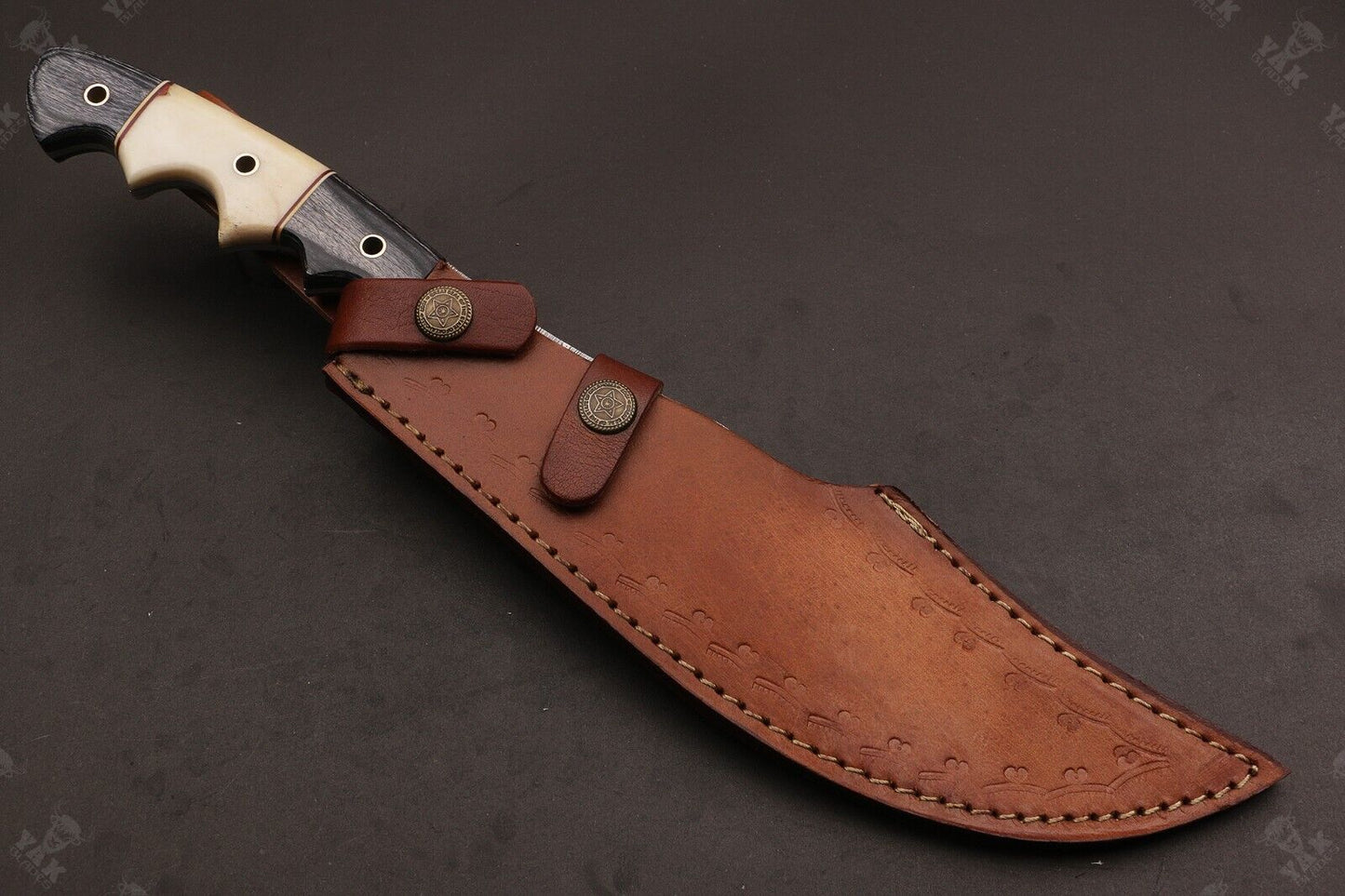 Heritage Forge 14.5 Inch Twist Damascus Bowie Knife with Camel Bone and Wood Handle for Hunting and Camping