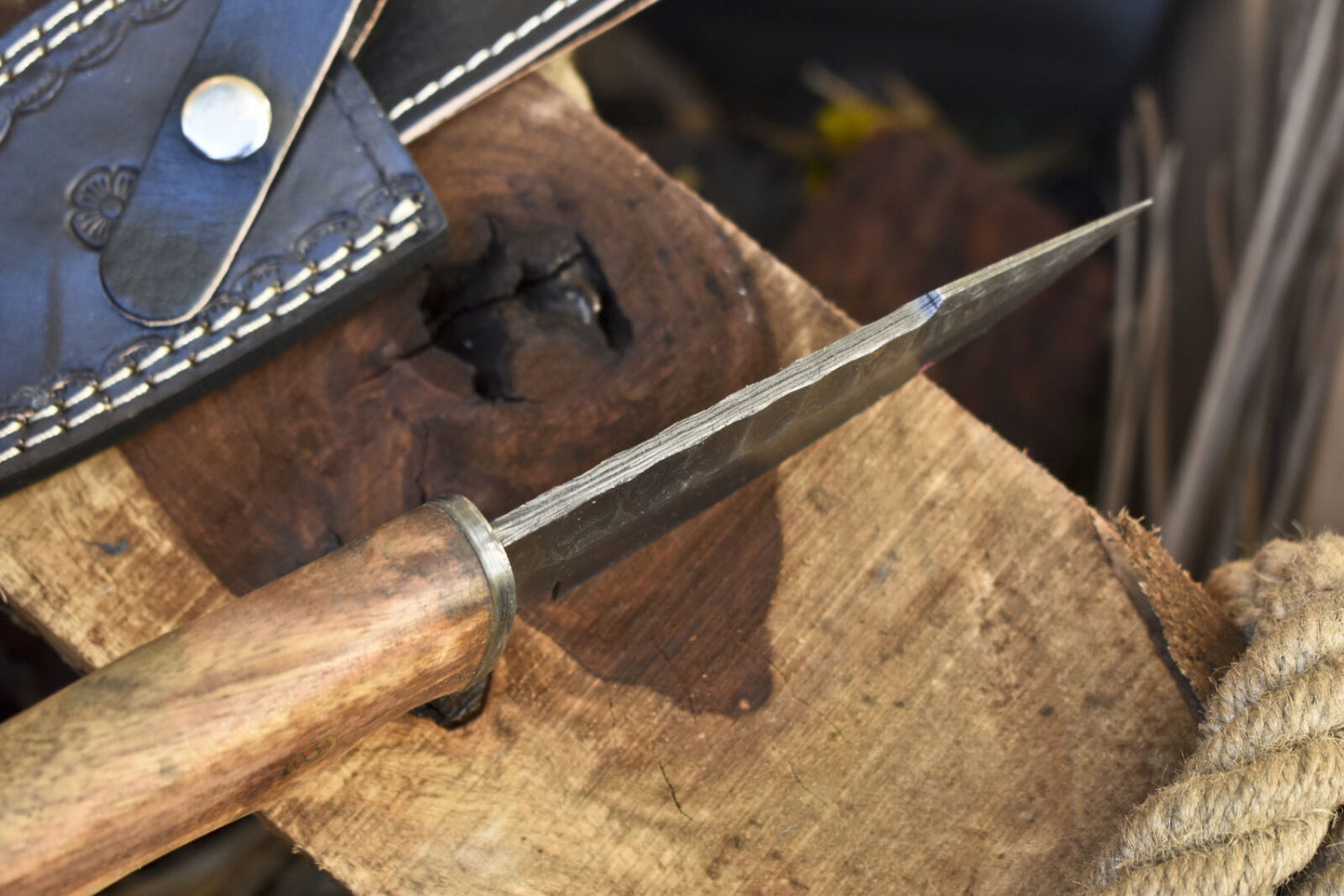 Rain Drop Damascus Hunting Skinner Knife with Walnut Wood Handle and Damascus Guard – Tactical Outdoor Blade