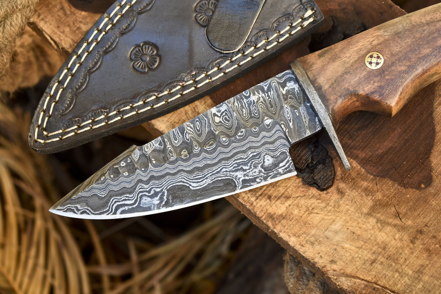 Rain Drop Damascus Hunting Skinner Knife with Walnut Wood Handle and Damascus Guard – Tactical Outdoor Blade