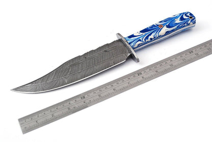 10" Handmade Damascus Steel Full Tang Hunting Bowie Knife – Resin Handle, Twist Pattern, With Leather Sheath