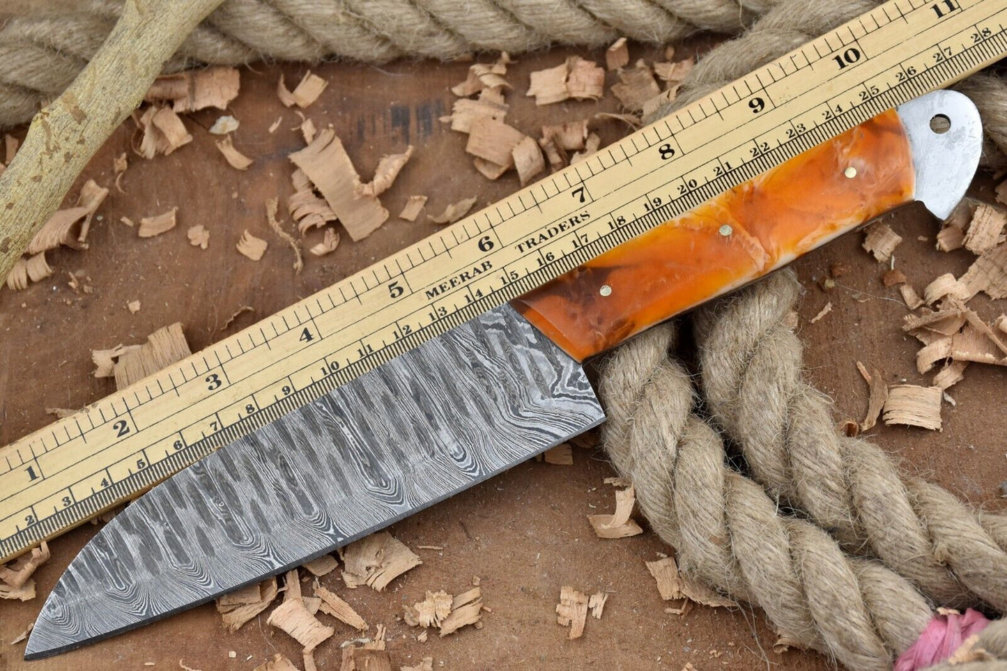 Handmade Custom Damascus Steel Chef Knife – Full Tang Kitchen Knife with Orange Raisin Handle