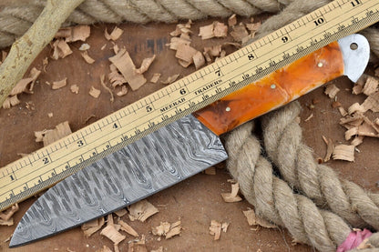 Handmade Custom Damascus Steel Chef Knife – Full Tang Kitchen Knife with Orange Raisin Handle