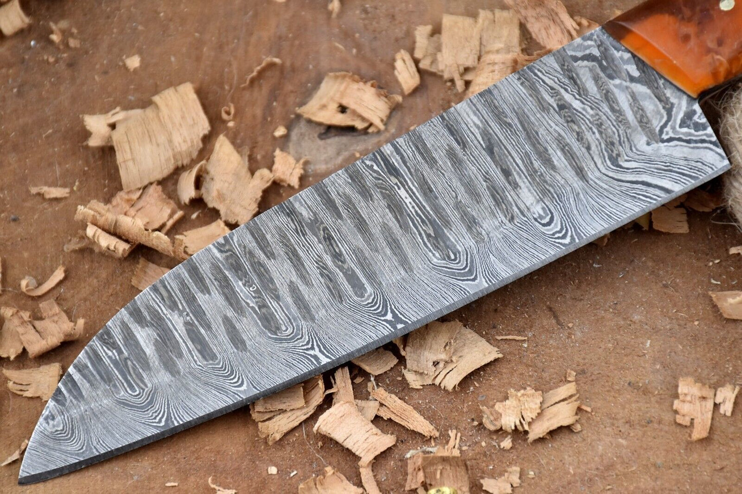 Handmade Custom Damascus Steel Chef Knife – Full Tang Kitchen Knife with Orange Raisin Handle