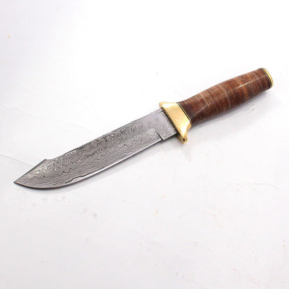 11.5" Custom Rain Drop Damascus Bowie Knife – Bone Handle & Leather Sheath