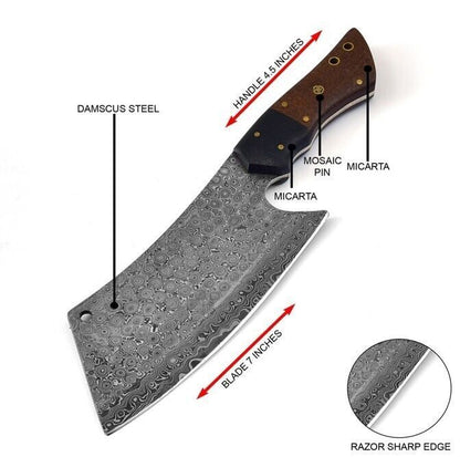 Handmade Damascus Steel Rain Drop Pattern Cleaver Knife With Sheath