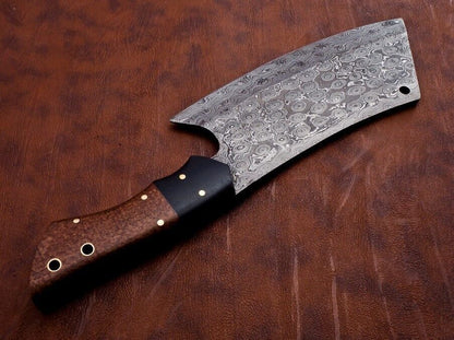 Handmade Damascus Steel Rain Drop Pattern Cleaver Knife With Sheath
