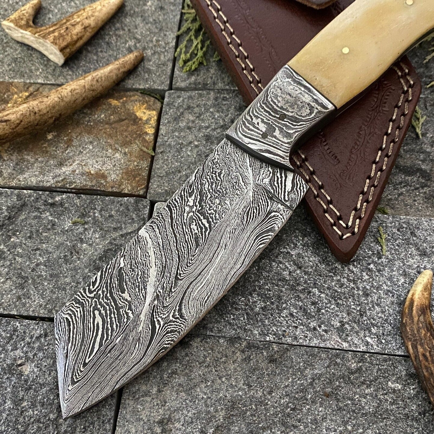 9" Damascus Cleaver Bowie Knife with Camel Bone Handle & Leather Sheath