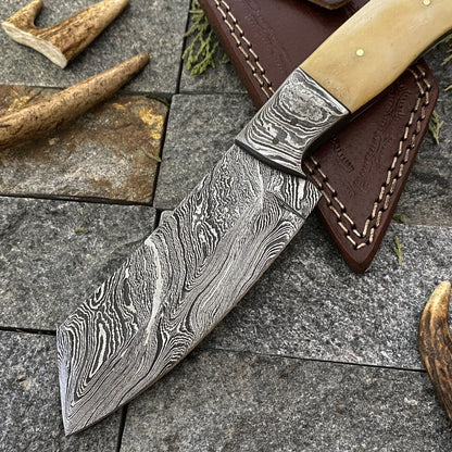 9" Damascus Cleaver Bowie Knife with Camel Bone Handle & Leather Sheath