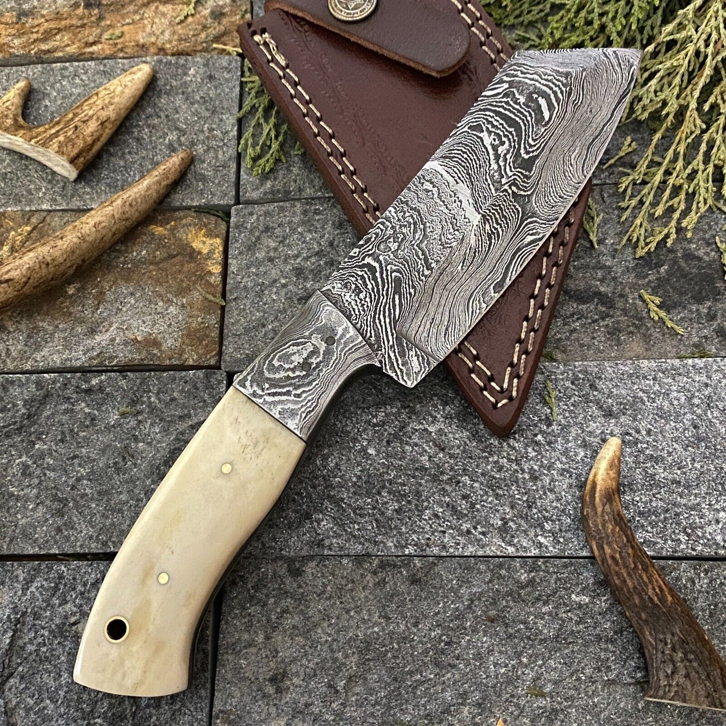 9" Damascus Cleaver Bowie Knife with Camel Bone Handle & Leather Sheath