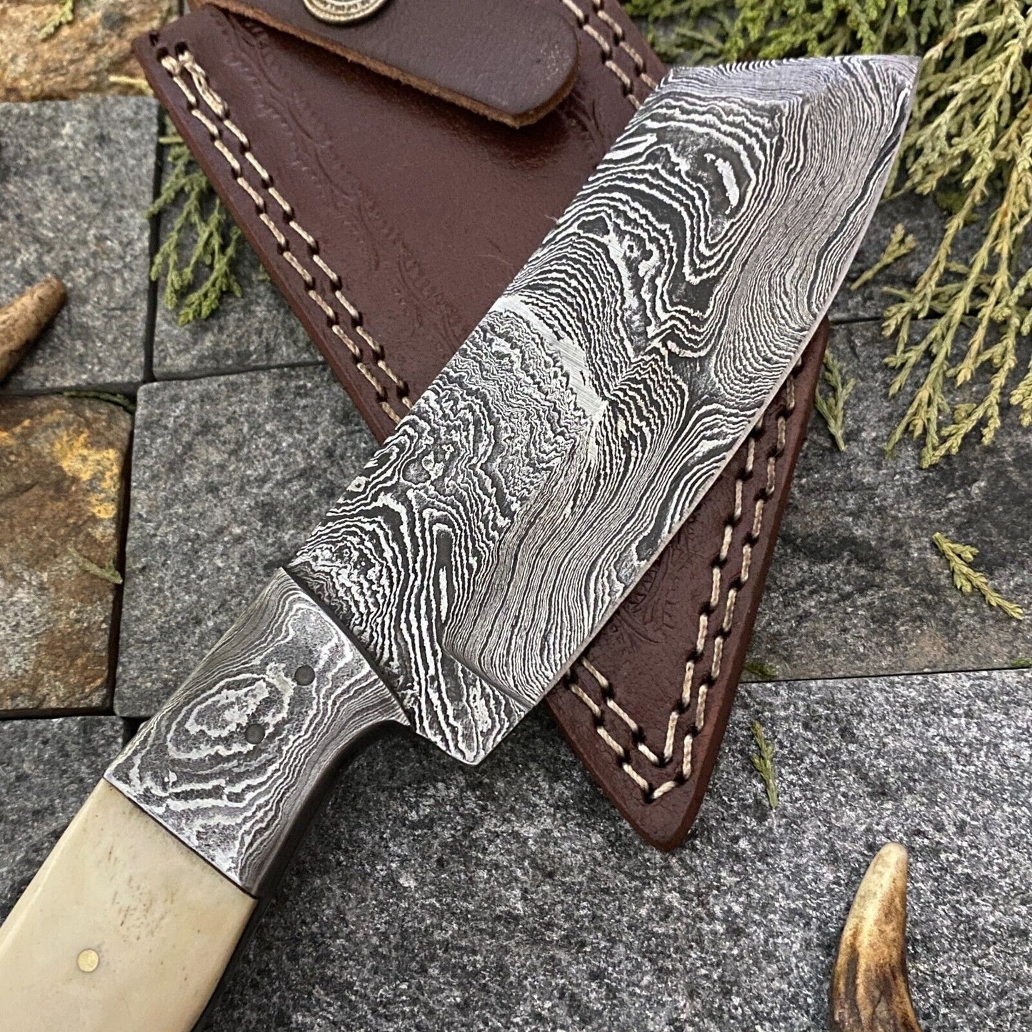 9" Damascus Cleaver Bowie Knife with Camel Bone Handle & Leather Sheath