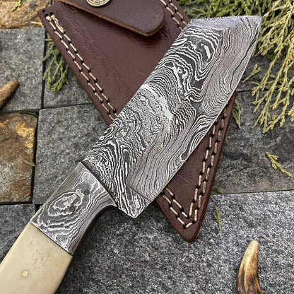 9" Damascus Cleaver Bowie Knife with Camel Bone Handle & Leather Sheath