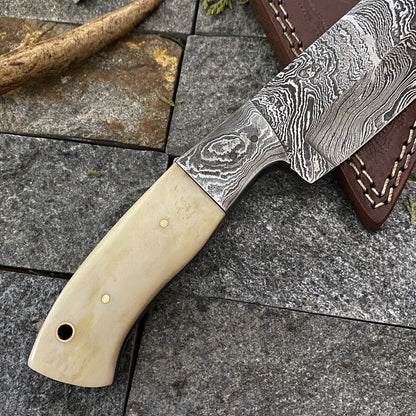 9" Damascus Cleaver Bowie Knife with Camel Bone Handle & Leather Sheath