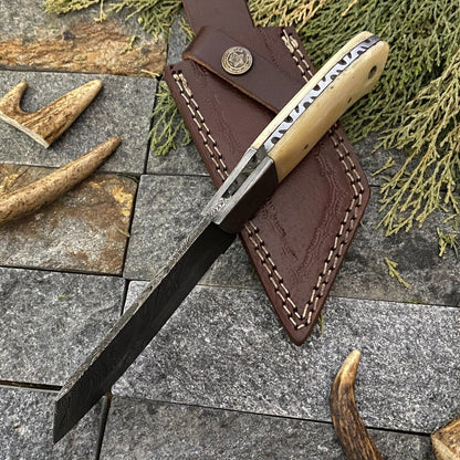 9" Damascus Cleaver Bowie Knife – Camel Bone & Damascus Handle