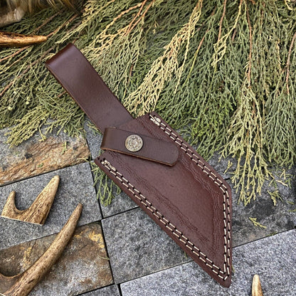 9" Damascus Cleaver Bowie Knife with Camel Bone Handle & Leather Sheath
