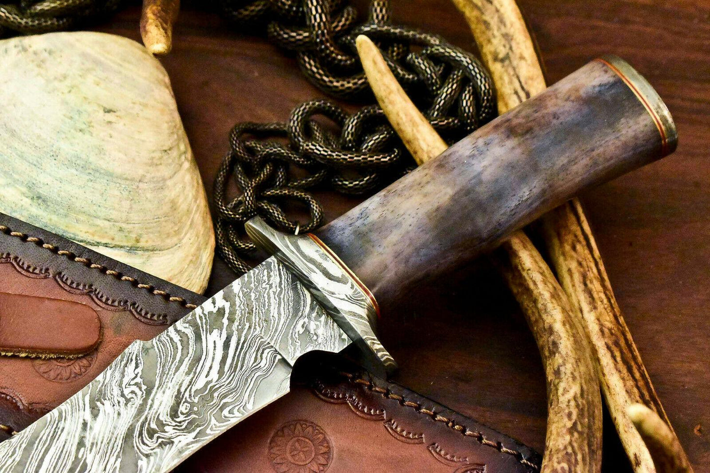 12" Damascus Steel Bowie Knife with Camel Bone Handle & Leather Sheath