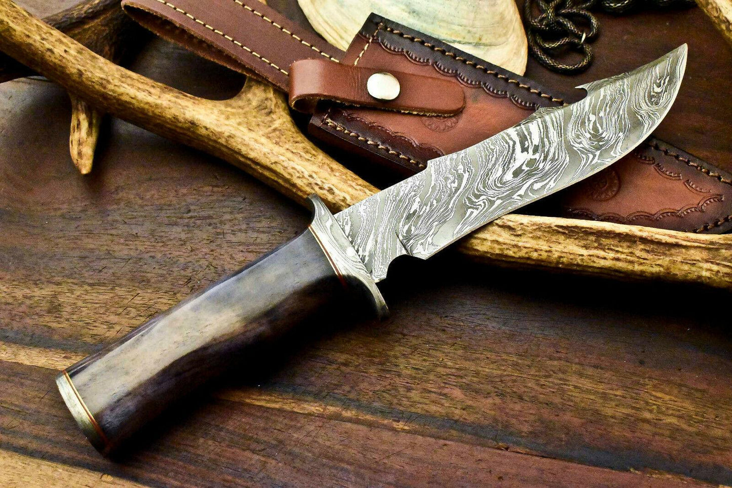 12" Damascus Steel Bowie Knife with Camel Bone Handle & Leather Sheath