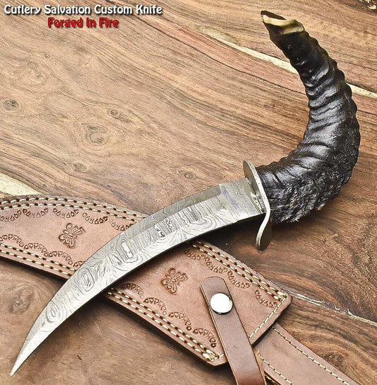 Heritage Forge Ramhorn Ridge Damascus Bowie Knife with Ram's Horn Handle