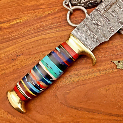 17 Inch Custom Handmade Damascus Steel Bowie Knife with Resin Handle and Casted Steel Bolster