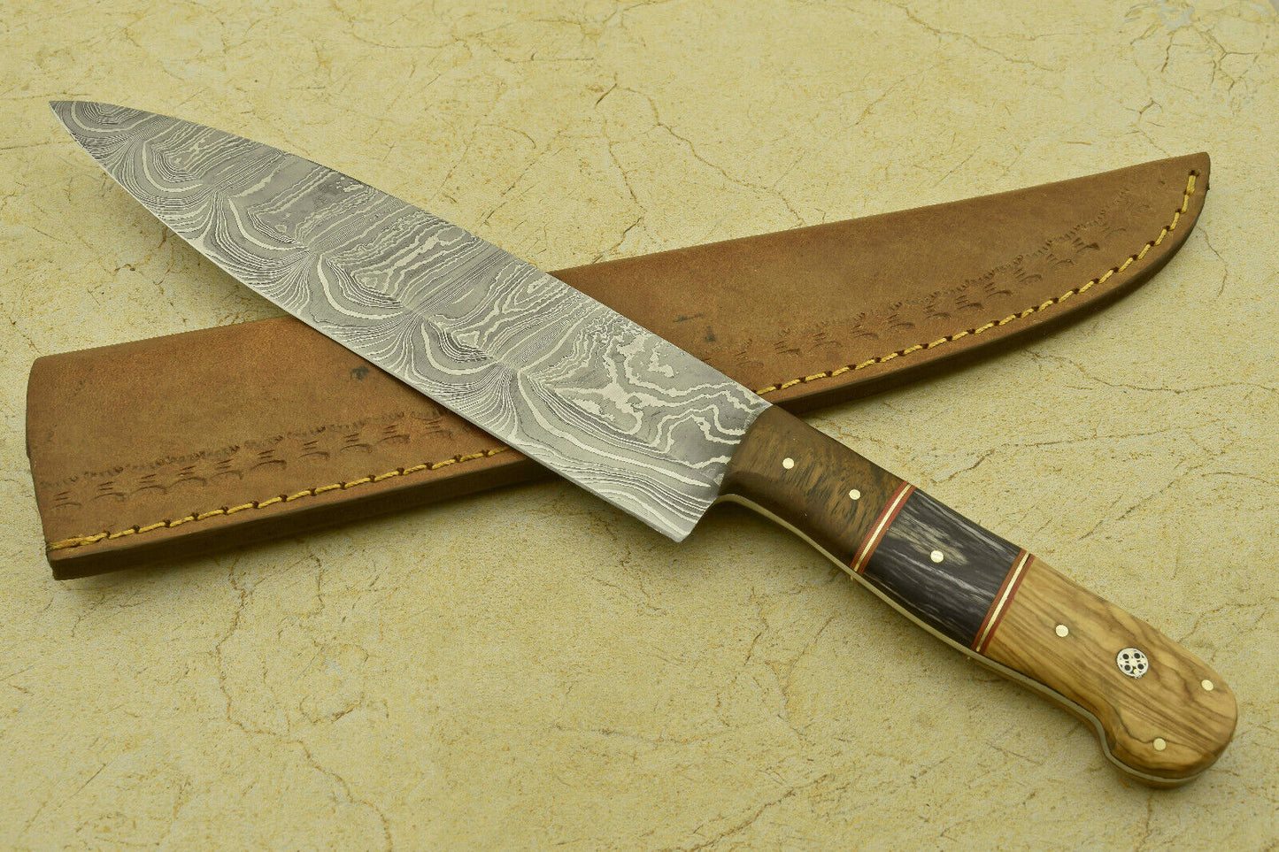Custom Handmade Forged Damascus Steel Chef Kitchen Knife with Pakka, Olive & Rose Wood Handle – 13.50"