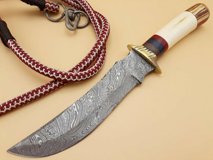 Damascus Steel Hunting Bowie Knife | Custom Forged 512 Layer | Camel Bone Handle & Brass Guard